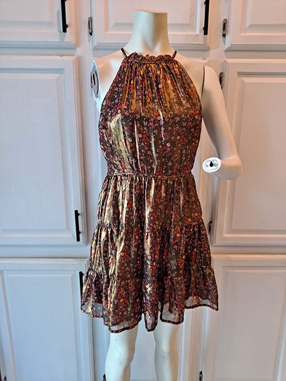 Trixxi Floral Halter Tiered Metallic Mini Dress Gold Black Olive Green Burgundy